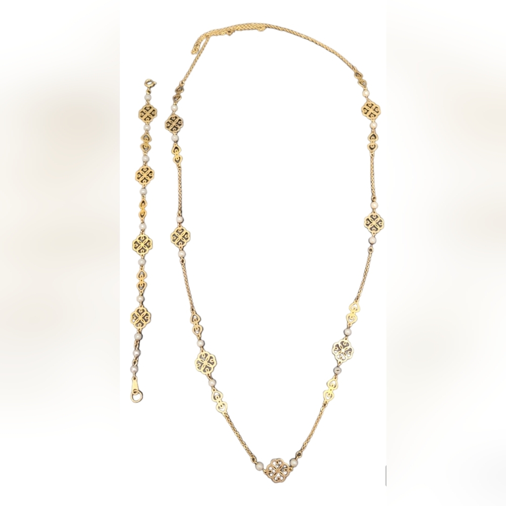 AVON - Vintage Retro Gold Tone Filigree Charm Pearl Long Necklace & Bracelet Set